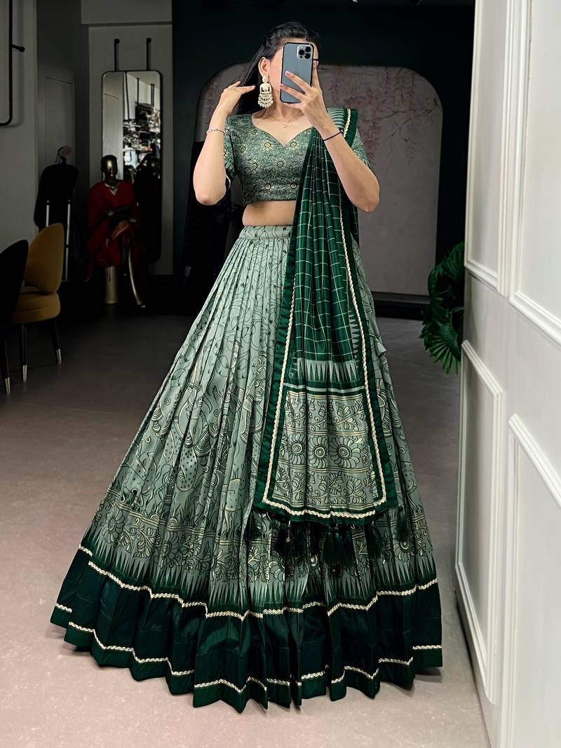 GREEN  Tasar Silk Lehenga Set with Kalamkari Print & Lace Border     Includes Blouse & Tassel Dupatta