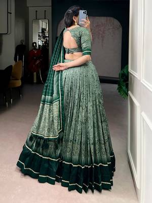 GREEN Elegant Tasar Silk Lehenga Set with Kalamkari Print & Lace Border   Includes Blouse & Tassel Dupatta 2