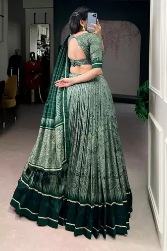GREEN Elegant Tasar Silk Lehenga Set with Kalamkari Print & Lace Border     Includes Blouse & Tassel Dupatta