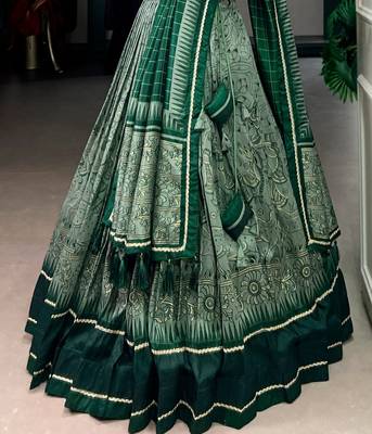 GREEN Elegant Tasar Silk Lehenga Set with Kalamkari Print & Lace Border   Includes Blouse & Tassel Dupatta 3