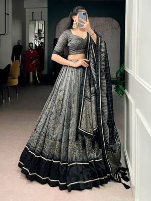 GREY Elegant Tasar Silk Lehenga Set with Kalamkari Print & Lace Border   Includes Blouse & Tassel Dupatta 1