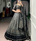 GREY Elegant Tasar Silk Lehenga Set with Kalamkari Print & Lace Border     Includes Blouse & Tassel Dupatta