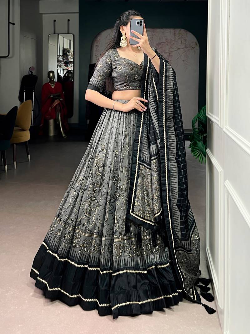 GREY  Tasar Silk Lehenga Set with Kalamkari Print & Lace Border     Includes Blouse & Tassel Dupatta