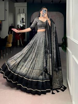 GREY Elegant Tasar Silk Lehenga Set with Kalamkari Print & Lace Border   Includes Blouse & Tassel Dupatta 2