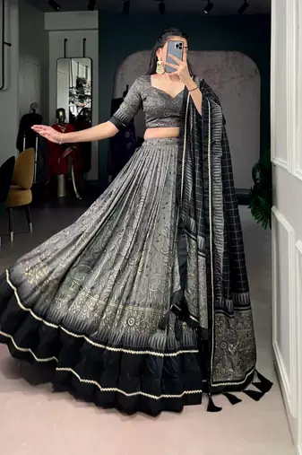 GREY Elegant Tasar Silk Lehenga Set with Kalamkari Print & Lace Border     Includes Blouse & Tassel Dupatta