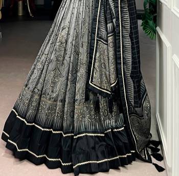 GREY Elegant Tasar Silk Lehenga Set with Kalamkari Print & Lace Border   Includes Blouse & Tassel Dupatta 3