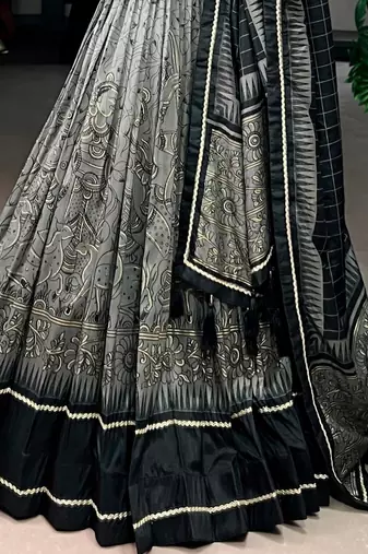 GREY Elegant Tasar Silk Lehenga Set with Kalamkari Print & Lace Border     Includes Blouse & Tassel Dupatta