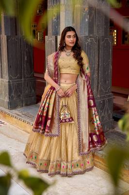 CREAM Women's Simmer Organza Lehenga Choli with Zari Weaving Work, Paithani Jacquard Silk Dupatta 1