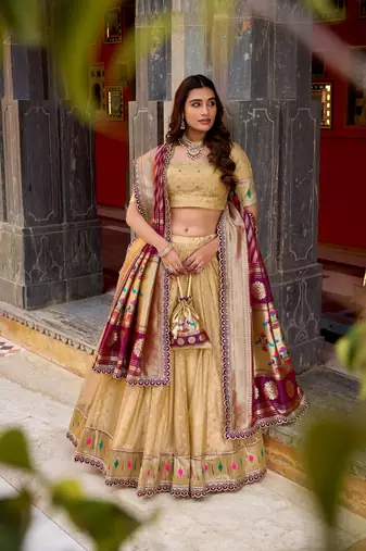 CREAM Women's Simmer Organza Lehenga Choli with Zari Weaving Work, Paithani Jacquard Silk Dupatta