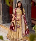 CREAM Women's Simmer Organza Lehenga Choli with Zari Weaving Work, Paithani Jacquard Silk Dupatta