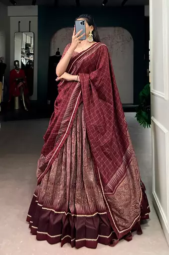 MAROON Elegant Tasar Silk Lehenga Set with Kalamkari Print & Lace Border – Includes Blouse & Tassel Dupatta