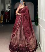 MAROON Elegant Tasar Silk Lehenga Set with Kalamkari Print & Lace Border     Includes Blouse & Tassel Dupatta