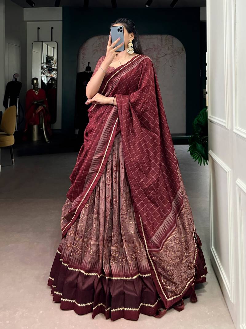 MAROON  Tasar Silk Lehenga Set with Kalamkari Print & Lace Border     Includes Blouse & Tassel Dupatta