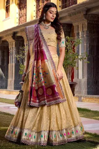 CREAM Women's Simmer Organza Lehenga Choli with Zari Weaving Work, Paithani Jacquard Silk Dupatta