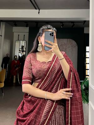 MAROON Elegant Tasar Silk Lehenga Set with Kalamkari Print & Lace Border   Includes Blouse & Tassel Dupatta 2