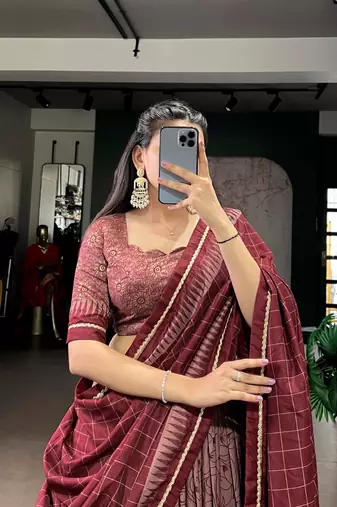 MAROON Elegant Tasar Silk Lehenga Set with Kalamkari Print & Lace Border     Includes Blouse & Tassel Dupatta