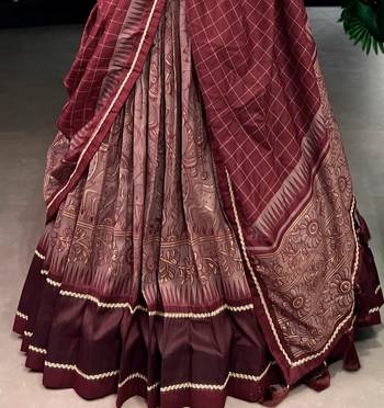 MAROON Elegant Tasar Silk Lehenga Set with Kalamkari Print & Lace Border   Includes Blouse & Tassel Dupatta 3