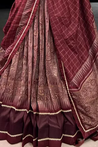 MAROON Elegant Tasar Silk Lehenga Set with Kalamkari Print & Lace Border     Includes Blouse & Tassel Dupatta