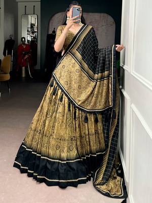 GOLD Elegant Tasar Silk Lehenga Set with Kalamkari Print & Lace Border   Includes Blouse & Tassel Dupatta 1