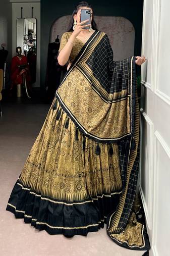 GOLD Elegant Tasar Silk Lehenga Set with Kalamkari Print & Lace Border – Includes Blouse & Tassel Dupatta