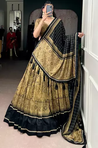 GOLD Elegant Tasar Silk Lehenga Set with Kalamkari Print & Lace Border – Includes Blouse & Tassel Dupatta