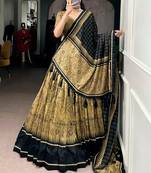 GOLD Elegant Tasar Silk Lehenga Set with Kalamkari Print & Lace Border     Includes Blouse & Tassel Dupatta