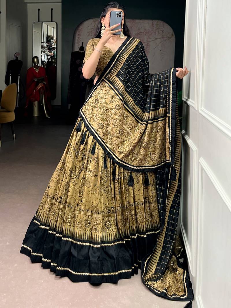 GOLD  Tasar Silk Lehenga Set with Kalamkari Print & Lace Border     Includes Blouse & Tassel Dupatta