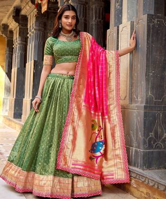 GREEN Women's Simmer Organza Lehenga Choli with Zari Weaving Work, Paithani Jacquard Silk Dupatta 1
