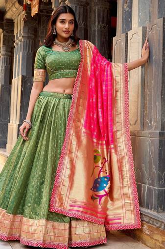 GREEN Women's Simmer Organza Lehenga Choli with Zari Weaving Work, Paithani Jacquard Silk Dupatta