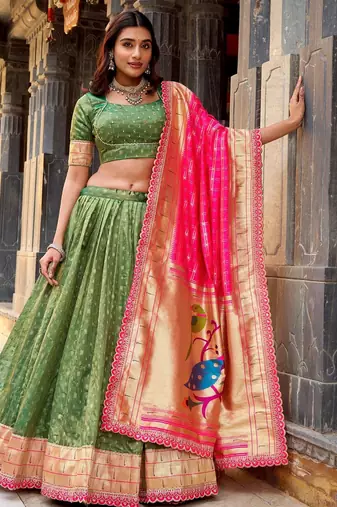 GREEN Women's Simmer Organza Lehenga Choli with Zari Weaving Work, Paithani Jacquard Silk Dupatta