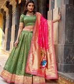GREEN Women's Simmer Organza Lehenga Choli with Zari Weaving Work, Paithani Jacquard Silk Dupatta