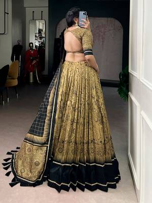 GOLD Elegant Tasar Silk Lehenga Set with Kalamkari Print & Lace Border   Includes Blouse & Tassel Dupatta 2