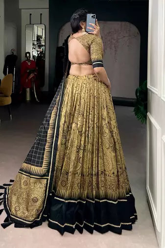 GOLD Elegant Tasar Silk Lehenga Set with Kalamkari Print & Lace Border     Includes Blouse & Tassel Dupatta