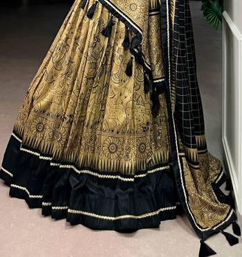 GOLD Elegant Tasar Silk Lehenga Set with Kalamkari Print & Lace Border   Includes Blouse & Tassel Dupatta 3