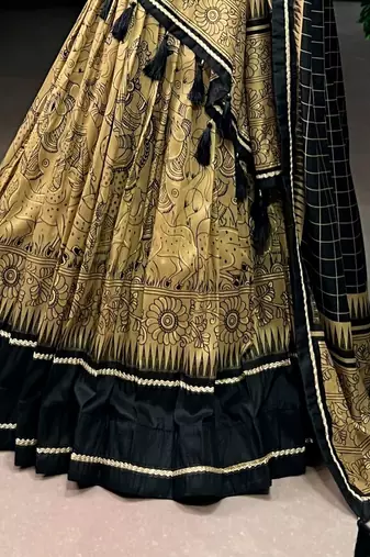 GOLD Elegant Tasar Silk Lehenga Set with Kalamkari Print & Lace Border     Includes Blouse & Tassel Dupatta
