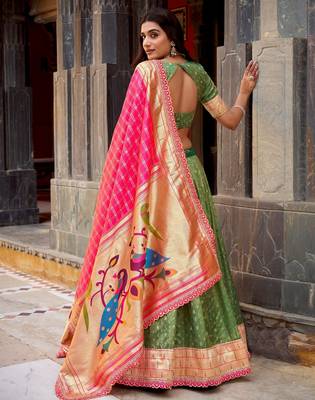 GREEN Women's Simmer Organza Lehenga Choli with Zari Weaving Work, Paithani Jacquard Silk Dupatta 2