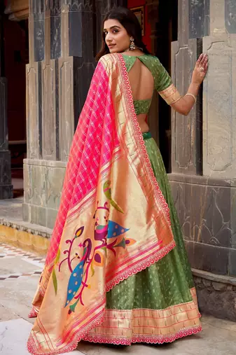 GREEN Women's Simmer Organza Lehenga Choli with Zari Weaving Work, Paithani Jacquard Silk Dupatta