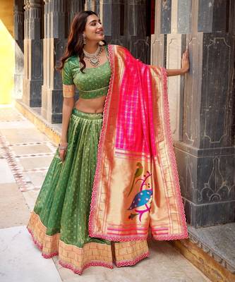 GREEN Women's Simmer Organza Lehenga Choli with Zari Weaving Work, Paithani Jacquard Silk Dupatta 3
