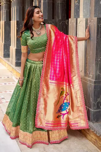 GREEN Women's Simmer Organza Lehenga Choli with Zari Weaving Work, Paithani Jacquard Silk Dupatta