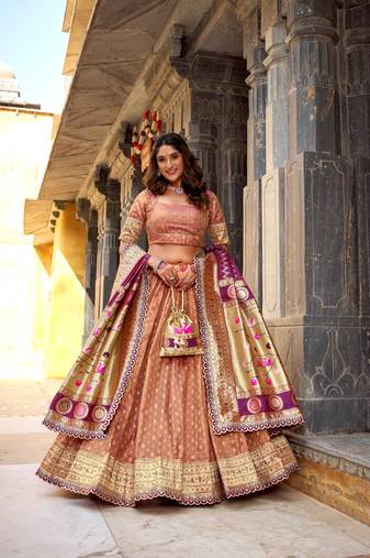 PEACH Women's Simmer Organza Lehenga Choli with Zari Weaving Work, Paithani Jacquard Silk Dupatta