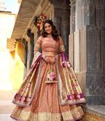 PEACH Women's Simmer Organza Lehenga Choli with Zari Weaving Work, Paithani Jacquard Silk Dupatta