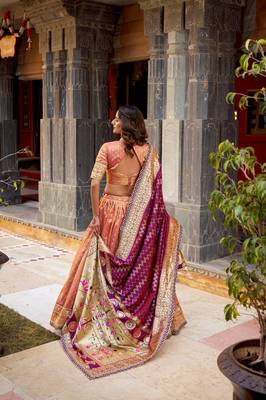 PEACH Women's Simmer Organza Lehenga Choli with Zari Weaving Work, Paithani Jacquard Silk Dupatta 2