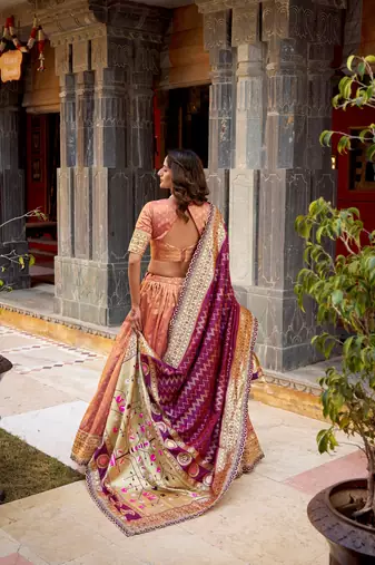 PEACH Women's Simmer Organza Lehenga Choli with Zari Weaving Work, Paithani Jacquard Silk Dupatta