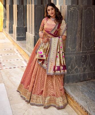 PEACH Women's Simmer Organza Lehenga Choli with Zari Weaving Work, Paithani Jacquard Silk Dupatta 3