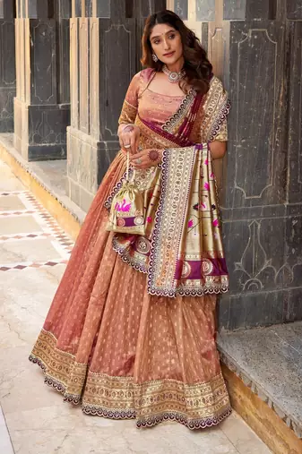PEACH Women's Simmer Organza Lehenga Choli with Zari Weaving Work, Paithani Jacquard Silk Dupatta
