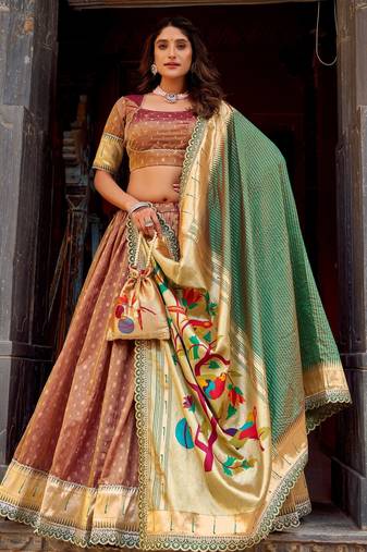 BROWN Women's Simmer Organza Lehenga Choli with Zari Weaving Work, Paithani Jacquard Silk Dupatta