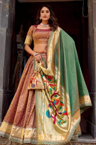 BROWN Women's Simmer Organza Lehenga Choli with Zari Weaving Work, Paithani Jacquard Silk Dupatta