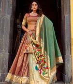 BROWN Women's Simmer Organza Lehenga Choli with Zari Weaving Work, Paithani Jacquard Silk Dupatta