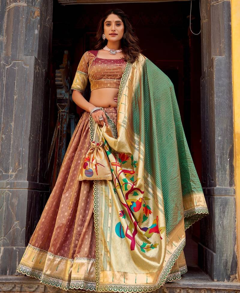 BROWN Women's Simmer Organza Lehenga Choli with Zari Weaving Work, Paithani Jacquard Silk Dupatta