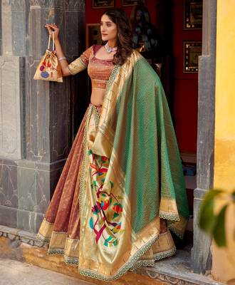 BROWN Women's Simmer Organza Lehenga Choli with Zari Weaving Work, Paithani Jacquard Silk Dupatta 2